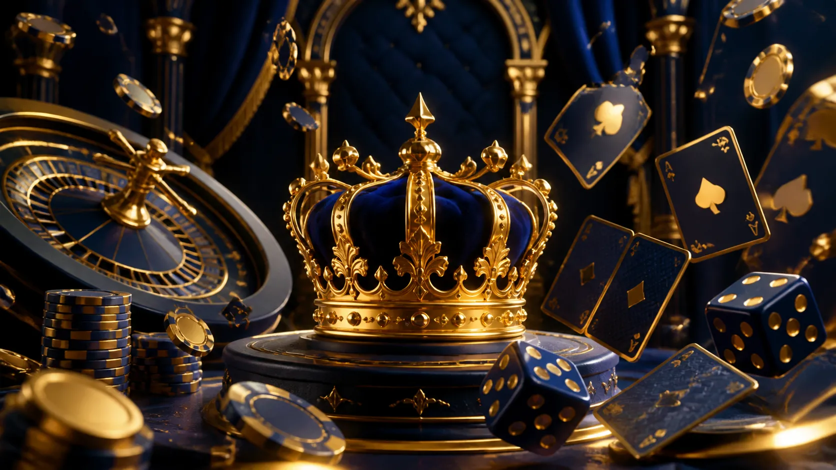 Luxurious casino banner with poker chips, cards, and roulette, rich textures and lighting enhancing elegance.